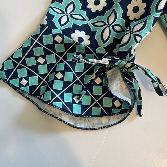 Aryeh NEW Geo Floral Border Dress Women's Large Teal Navy Bell Sleeves Flowy NWT - Picture 4 of 9
